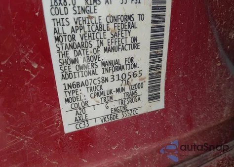 2008 Nissan Titan Pro-4X из США, поврежденный, VIN 1N6BA07C58N310565